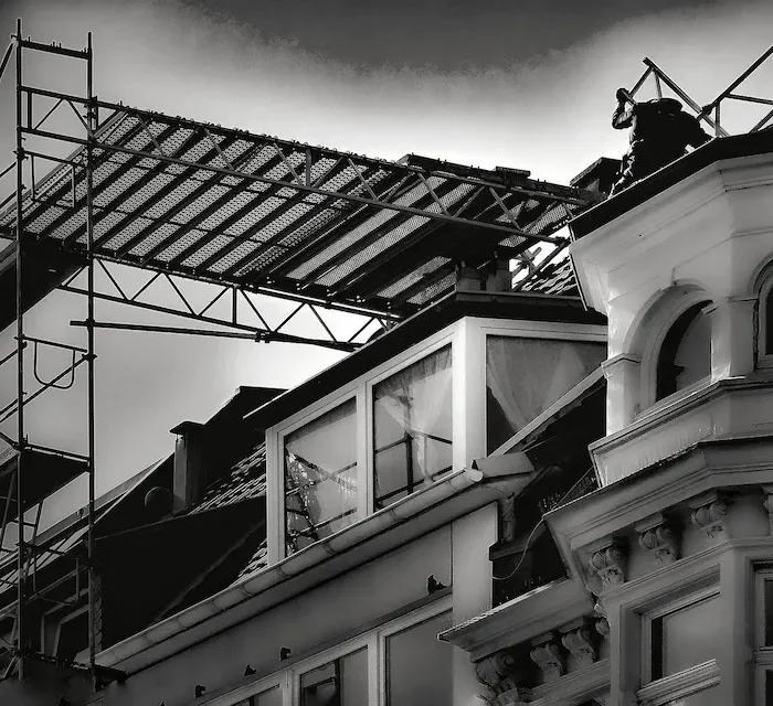 Elevated scaffolding structure used for roofing and exterior renovation projects in Stockton