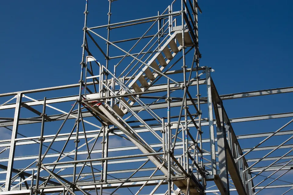 Metal scaffolding stair tower providing secure elevated access on a Stockton construction site